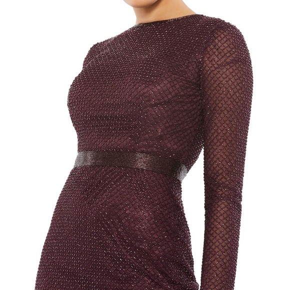 Mac Duggal Purple Plum Lattice Beaded Long Sleeve Modest Formal Midi Dress - Picture 8 of 16